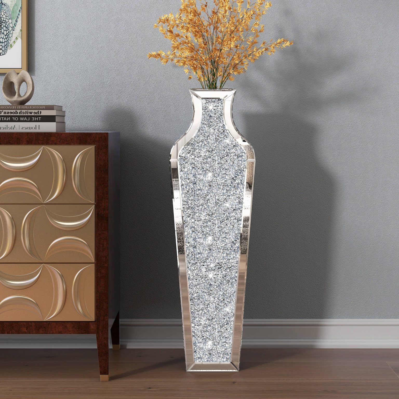 ZenVora Tall Crushed Diamond Floor Vase, Luxury Decorative Crystal Accent Vase for Living Room, Bedroom and Home Decor