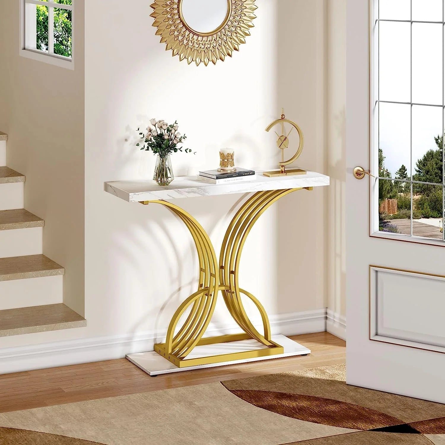 ZenVora Modern Gold Console Table with Marbled Top, Sofa Table for Entryway and Hallway