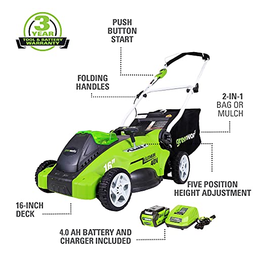 ZenVora 40V 16-Inch Cordless Electric Lawn Mower with 4.0Ah Battery and Charger