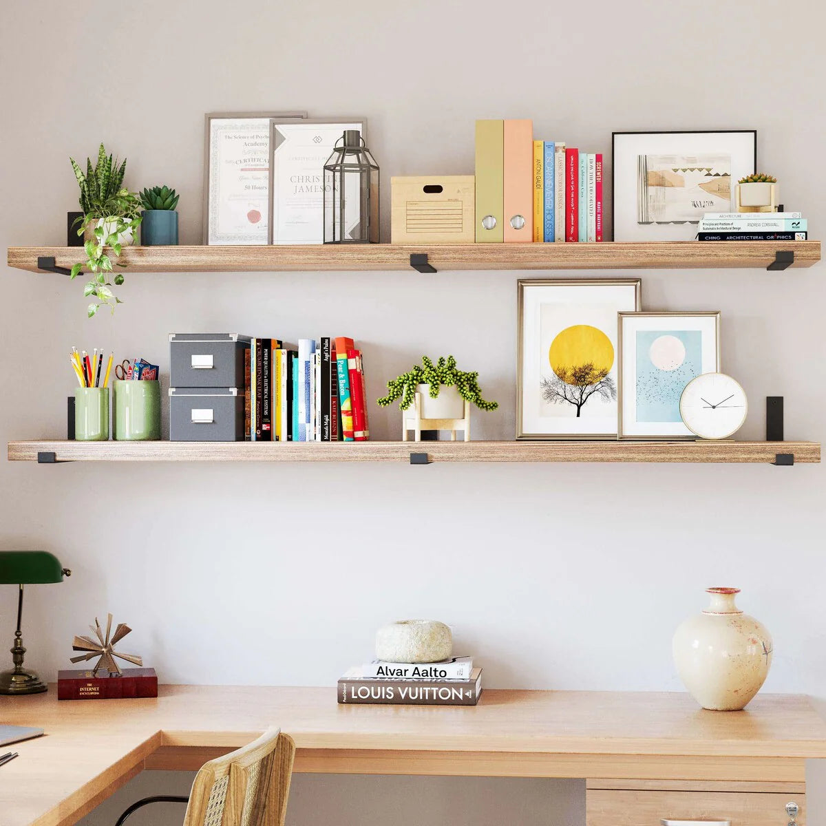 ZenVora 72 Inch Floating Wood Wall Shelves, Set of 2 Burnt Wood Display and Storage Shelves for Home Decor