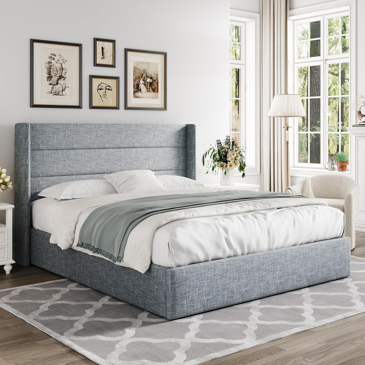 ZenVora Queen Size Lift Up Storage Bed with Wingback Headboard, Upholstered Platform Bed Frame with Hidden Storage