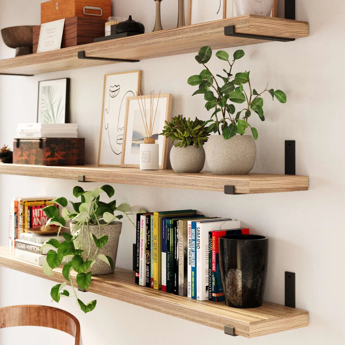 ZenVora 72 Inch Floating Wood Wall Shelves, Set of 3 Burnt Wood Display and Storage Shelves for Home Decor