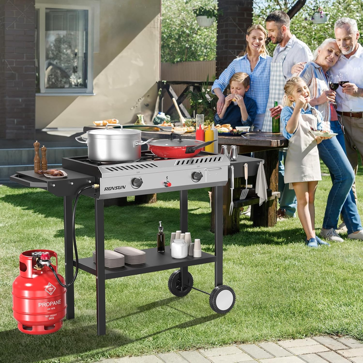 ZenVora 2-Burner Outdoor Propane Gas Stove with Griddle, Auto-Ignition, Regulator and Side Shelves, 150,000 BTU