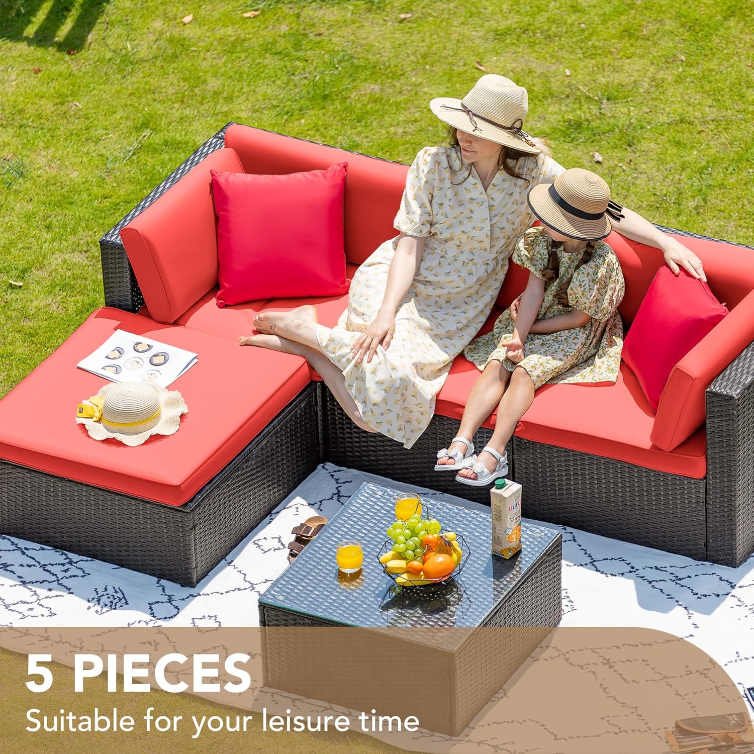 ZenVora 5-Piece All-Weather Patio Furniture Set with Cushions, Outdoor Wicker Conversation Sofa Set for Garden, Deck & Backyard