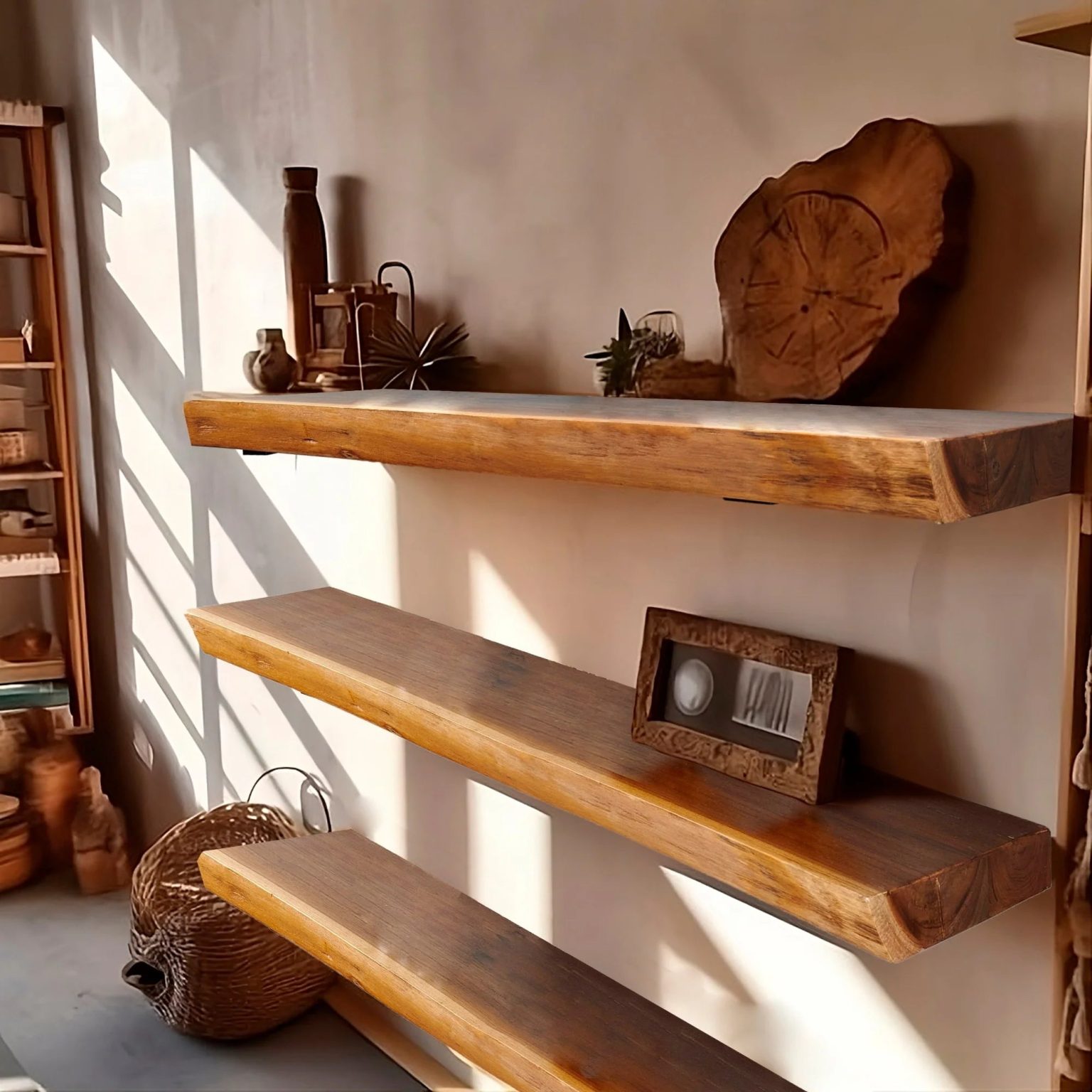 ZenVora 1 Piece Teak Wood Wall Shelf with Live Edge, Rustic Floating Shelf for Home Decor