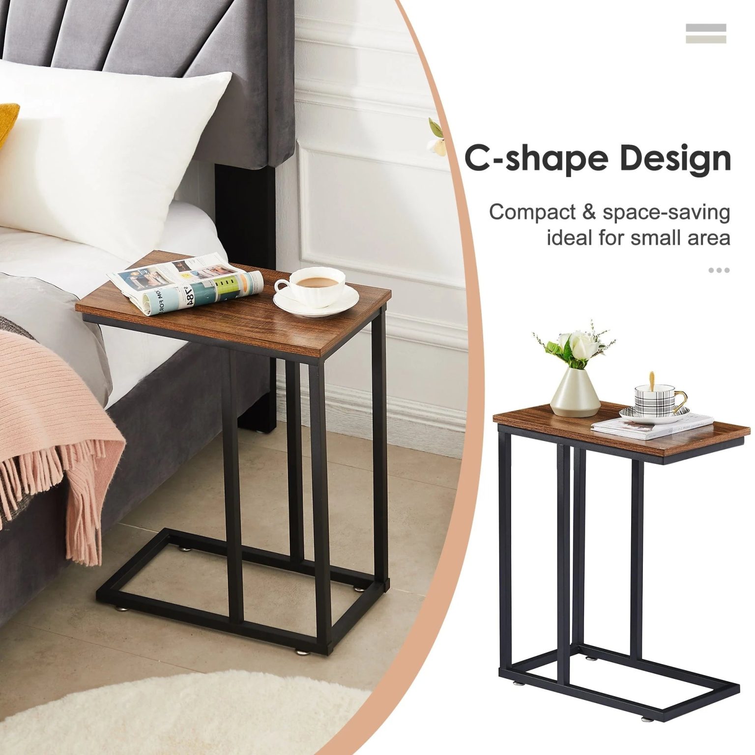 ZenVora Set of 2 C-Shaped Sofa Side Tables, Small End Tables for Living Room, Bedside and TV Tray