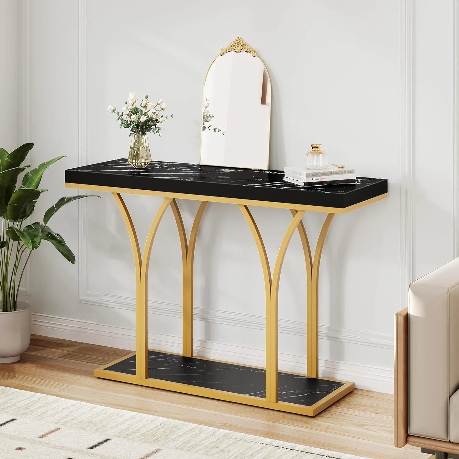 ZenVora Modern Gold Console Table with Marbled Top, Sofa Table for Entryway and Hallway