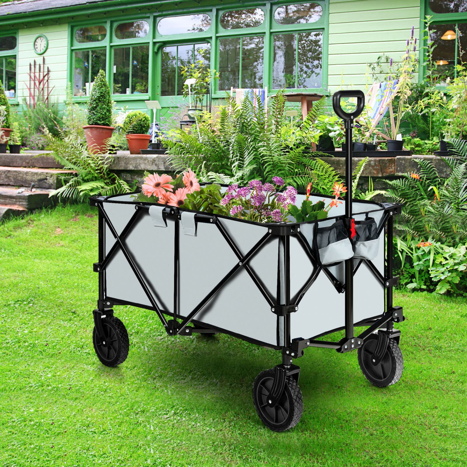 ZenVora Collapsible Folding Utility Wagon Cart with Universal Wheels, Adjustable Handle and Cover Bag