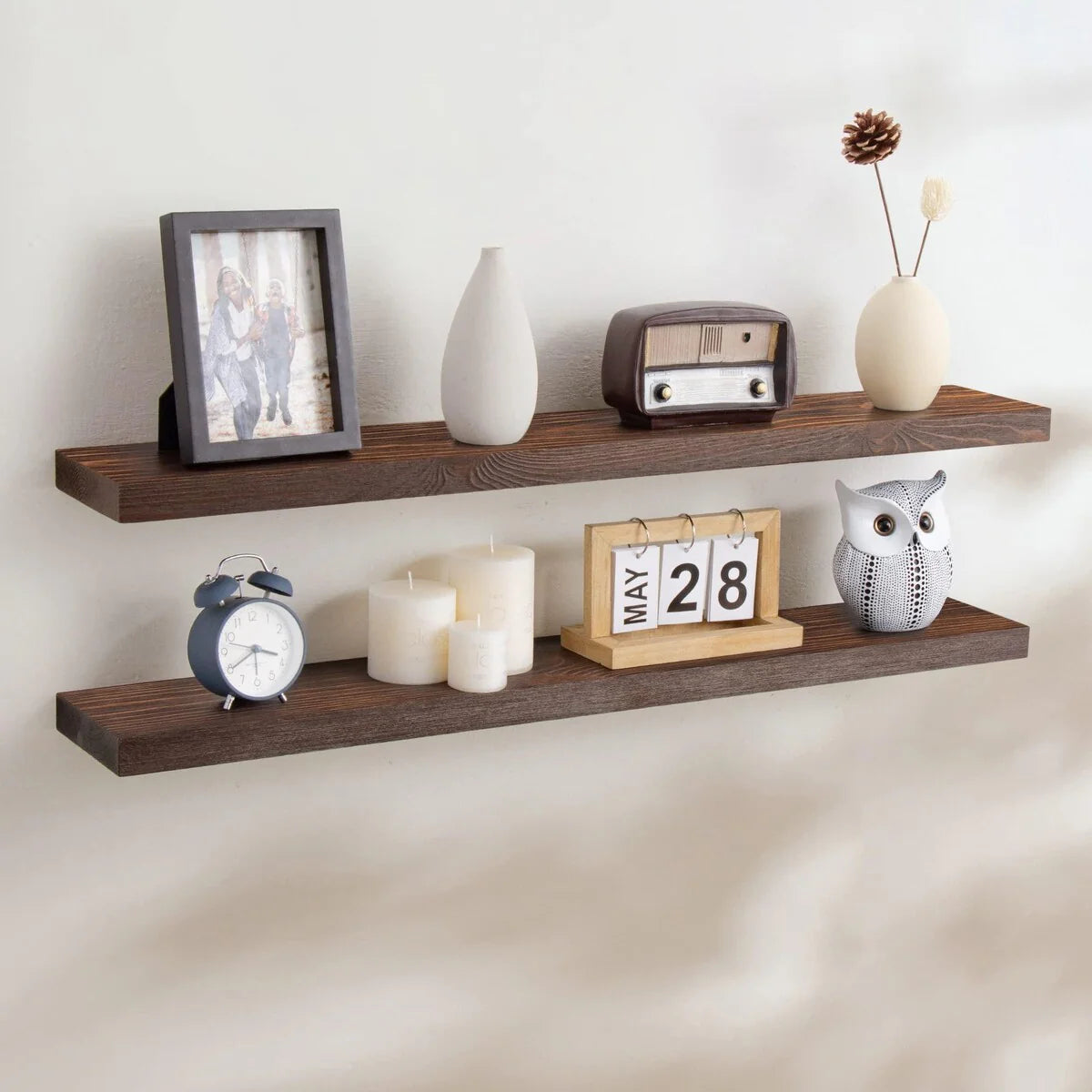 ZenVora Set of 2 Handcrafted European Pine Floating Wall Shelves, Natural Rustic Wood