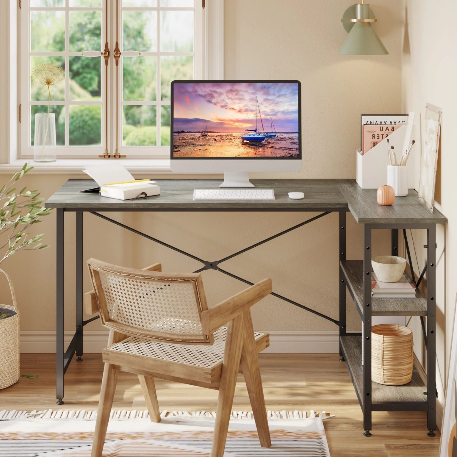 ZenVora Small L Shaped Computer Desk with Storage Shelves, Compact Corner Workstation for Home Office and Study