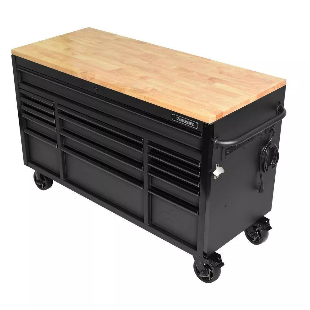 ZenVora 61 Inch 15 Drawer Mobile Workbench - Heavy Duty Steel Tool Cabinet with Wood Top and Power Strip