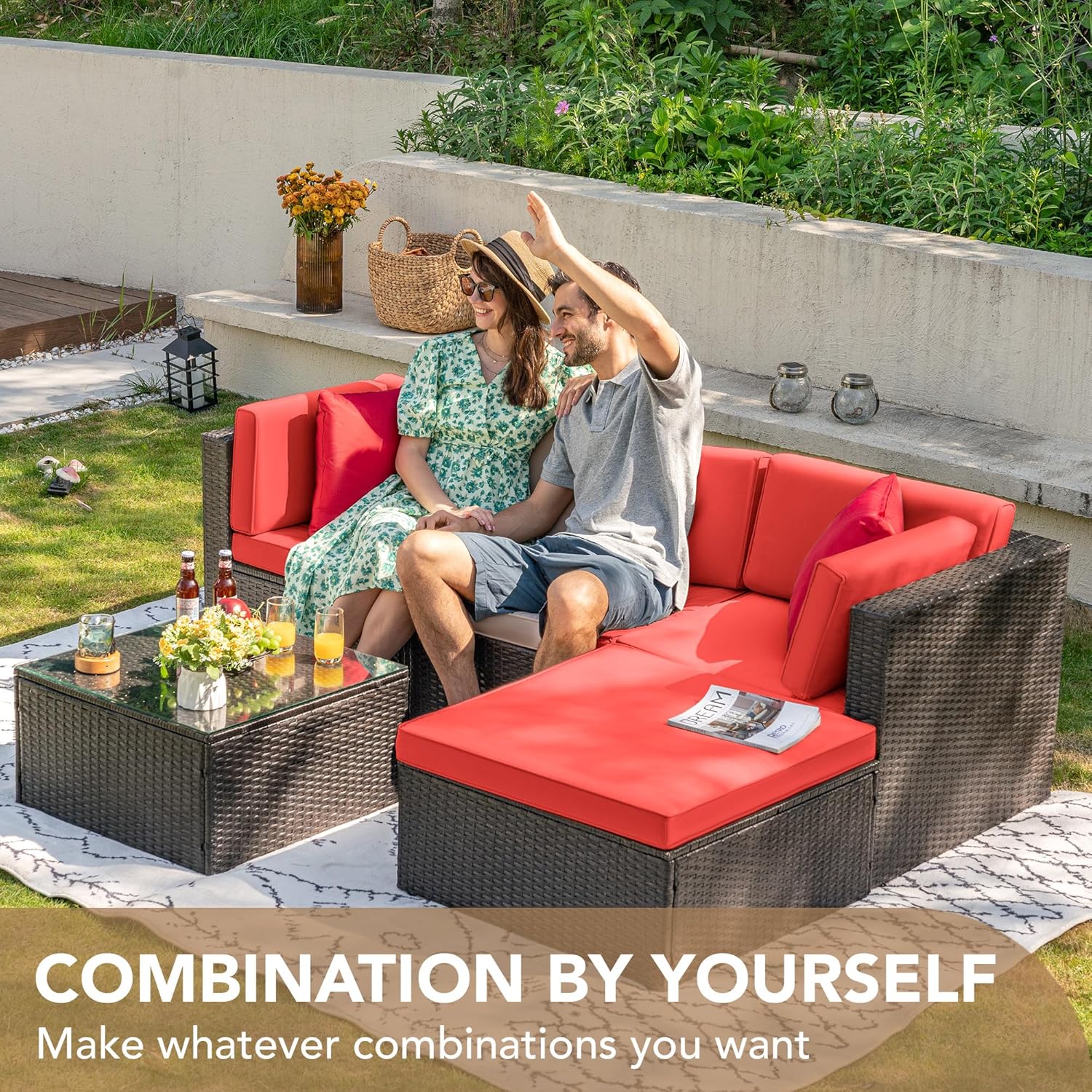 ZenVora 5-Piece All-Weather Patio Furniture Set with Cushions, Outdoor Wicker Conversation Sofa Set for Garden, Deck & Backyard