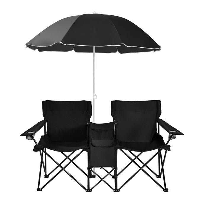 ZenVora Double Folding Picnic Chairs with Umbrella – Mini Table & Beverage Holder Included