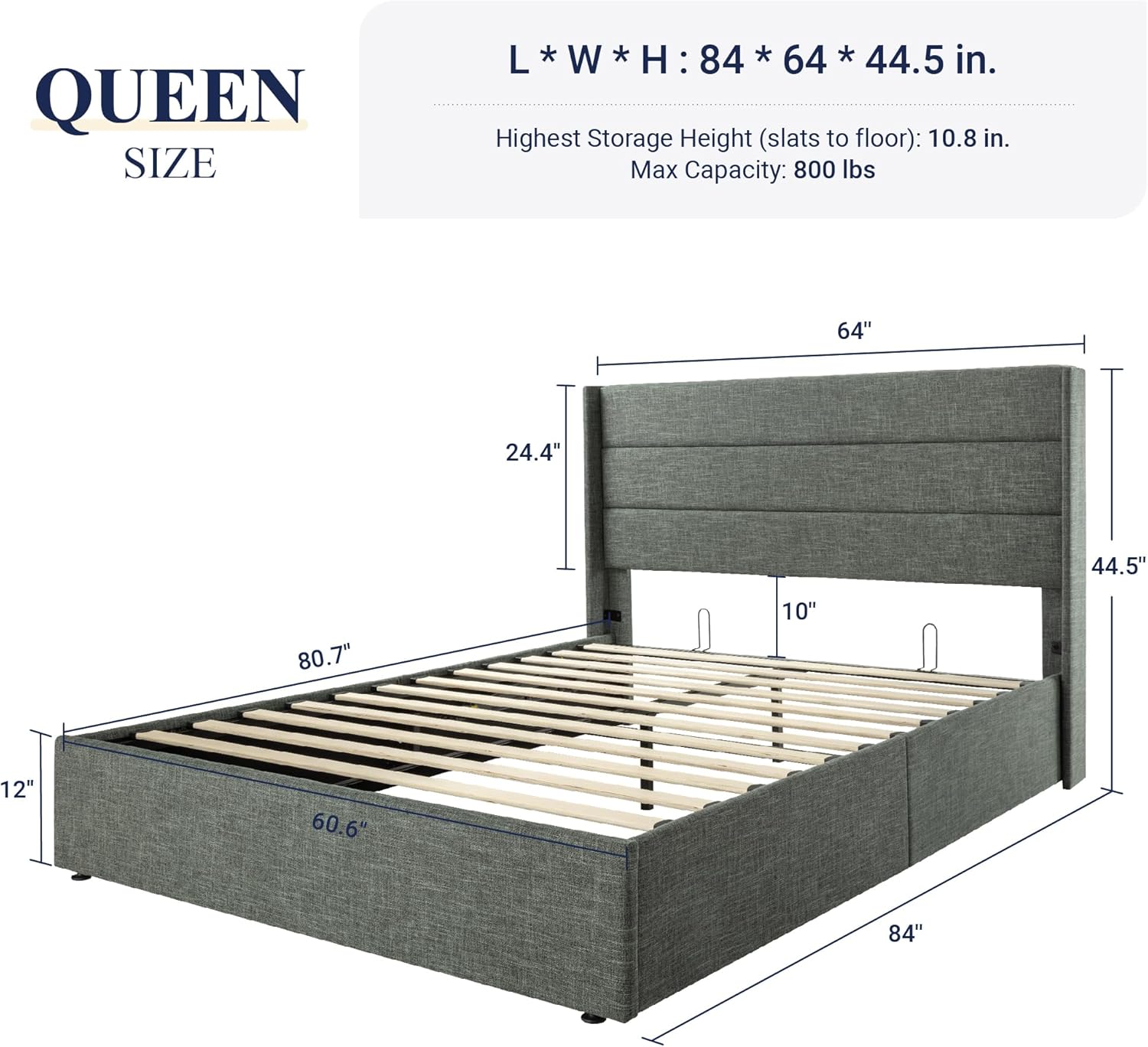 ZenVora Queen Size Lift Up Storage Bed with Wingback Headboard, Upholstered Platform Bed Frame with Hidden Storage