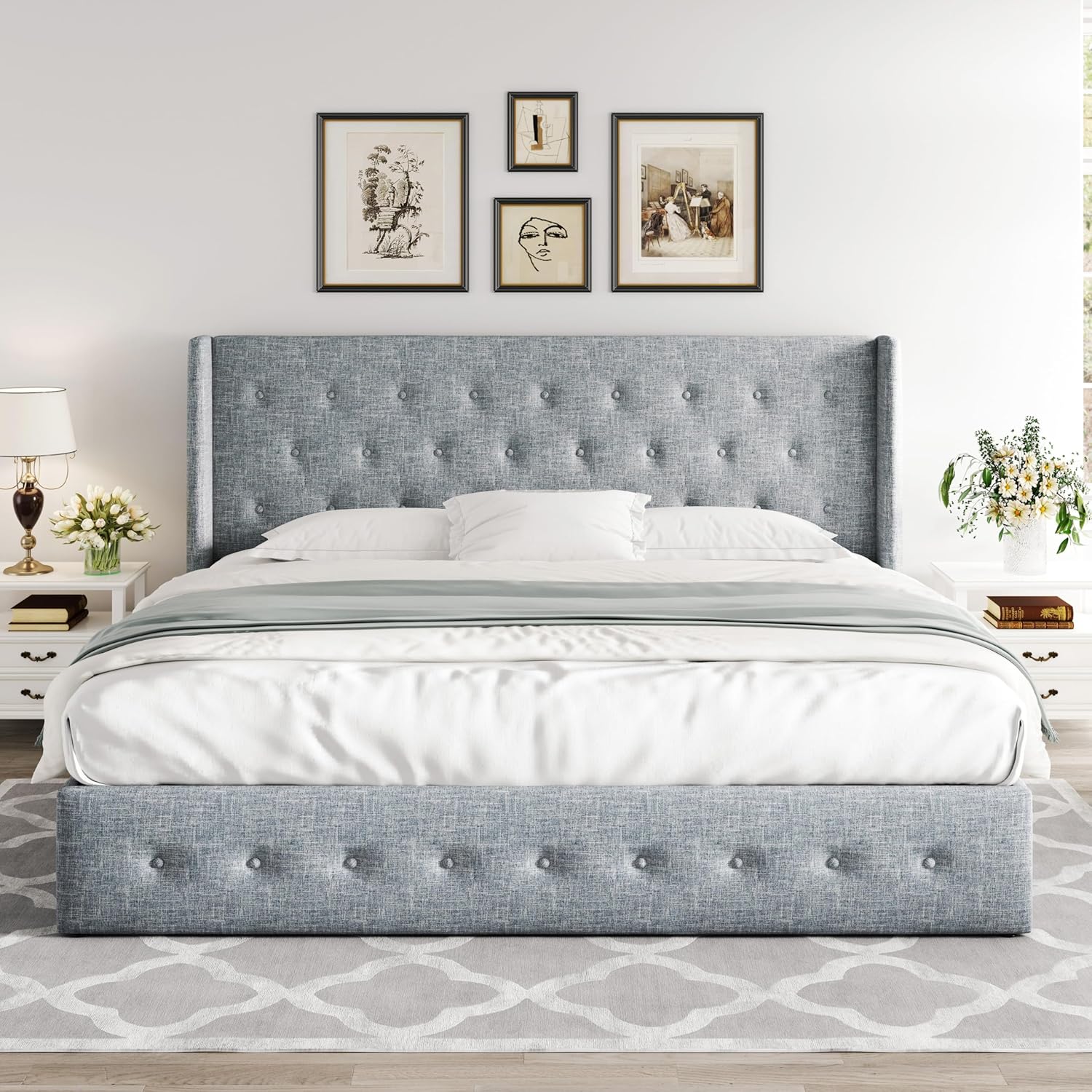 ZenVora Queen Size Lift Up Storage Bed with Wingback Headboard, Upholstered Platform Bed Frame with Hidden Storage