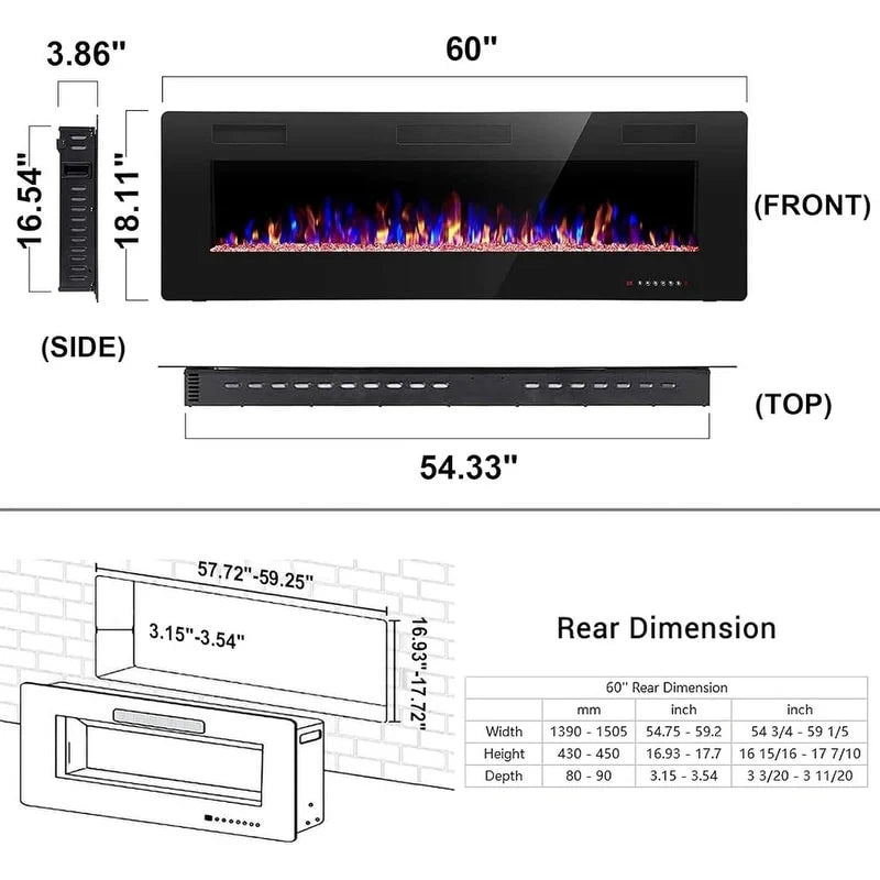 ZenVora Recessed Electric Fireplace Heater, Wall Mounted 750-1500W Fireplace with Remote Control