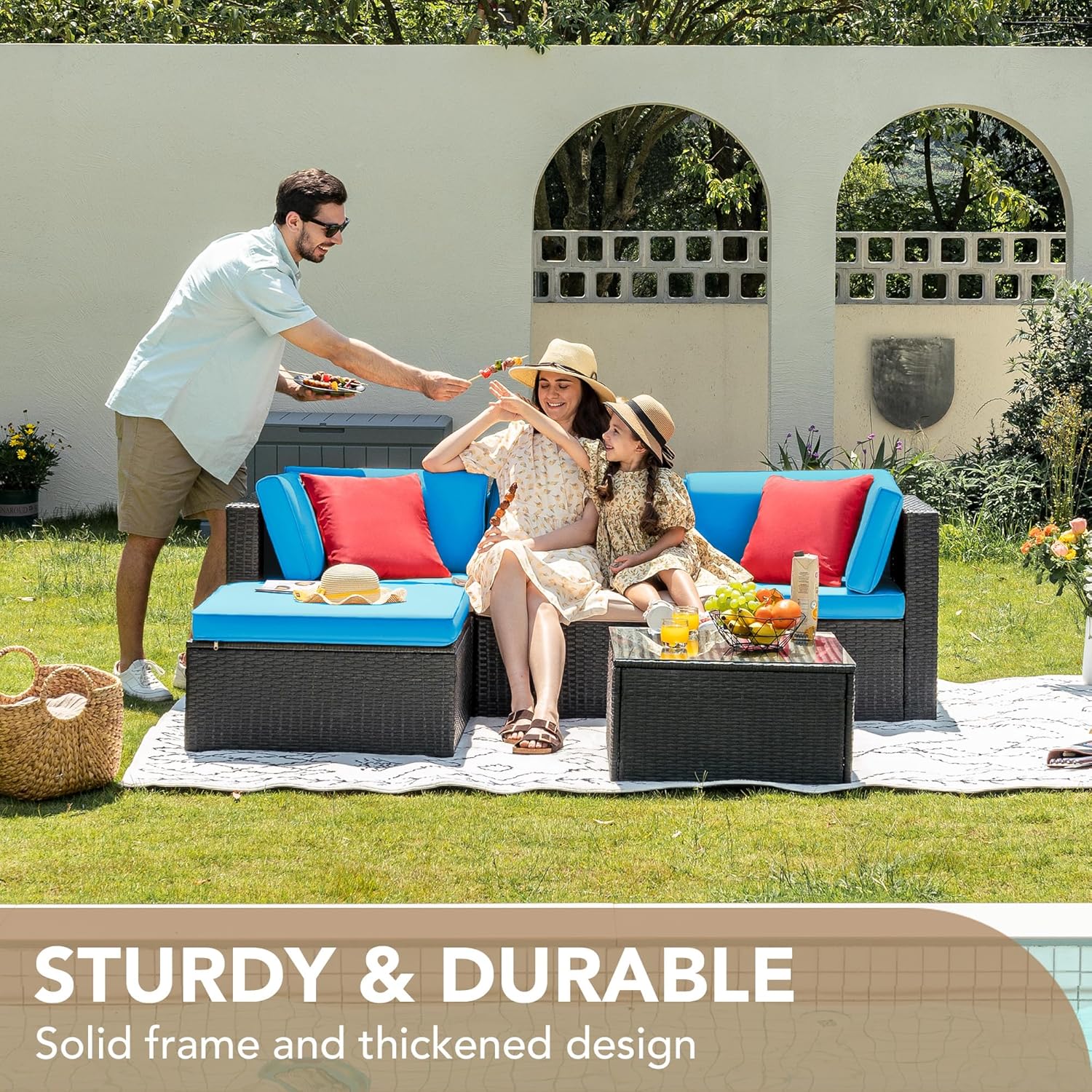 ZenVora 5-Piece All-Weather Patio Furniture Set with Cushions, Outdoor Wicker Conversation Sofa Set for Garden, Deck & Backyard