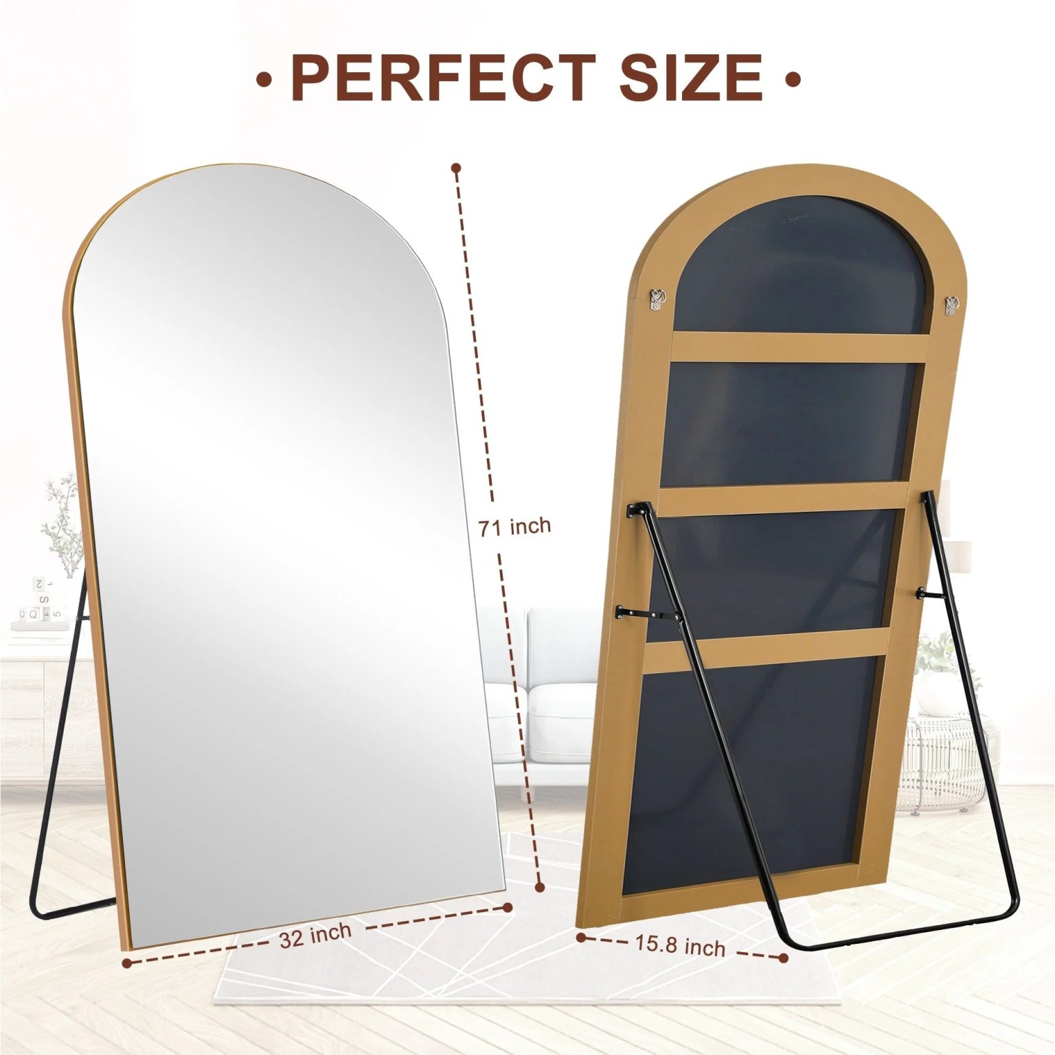 ZenVora Arched Full Length Wood Floor Mirror, Full Body Standing and Wall Mounted Mirror for Bedroom, Living Room and Home Decor