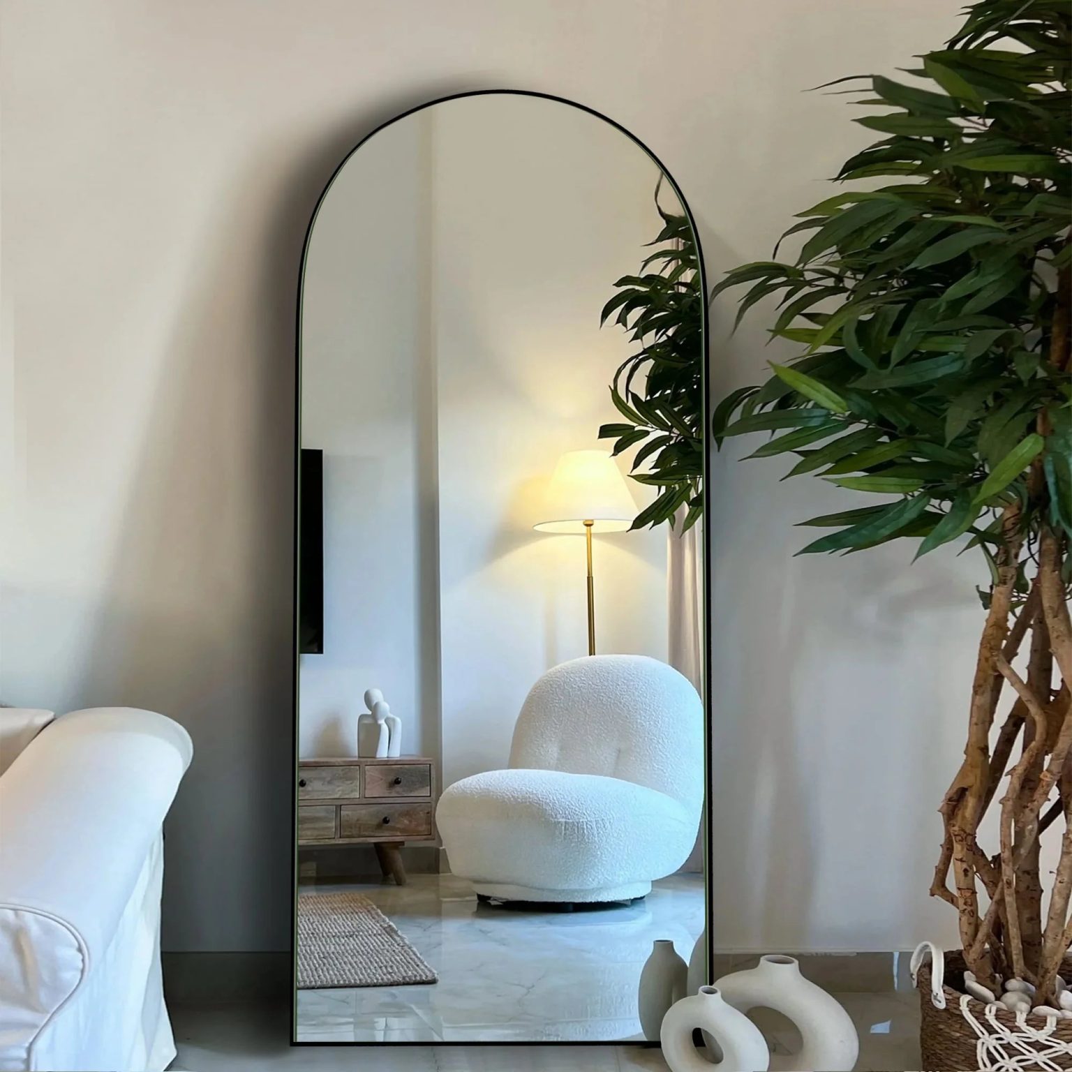 ZenVora Arched Full Length Wood Floor Mirror, Full Body Standing and Wall Mounted Mirror for Bedroom, Living Room and Home Decor