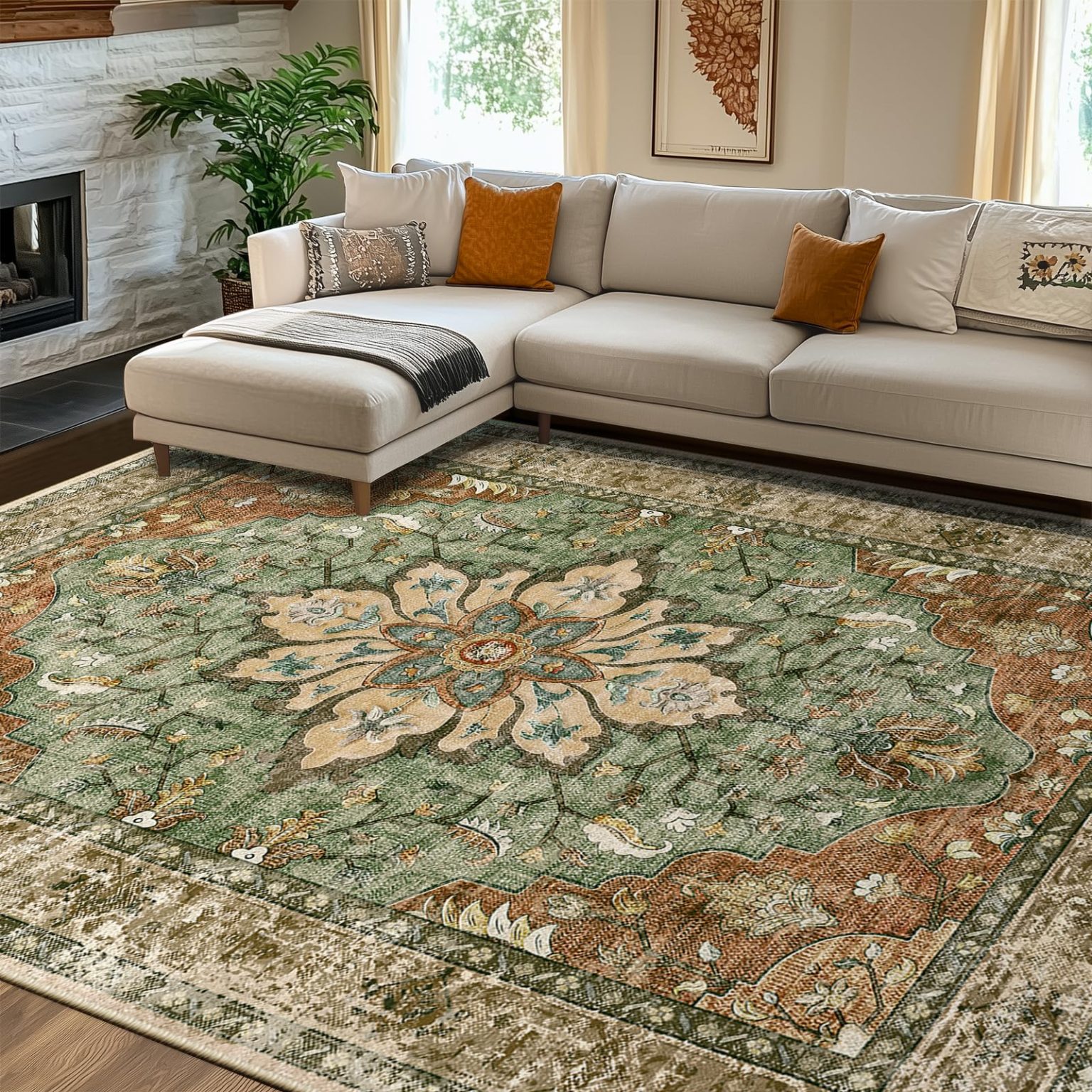 ZenVora 8x10 Washable Floral Medallion Area Rug, Non-Slip Decorative Floor Rug for Living Room, Bedroom and Home