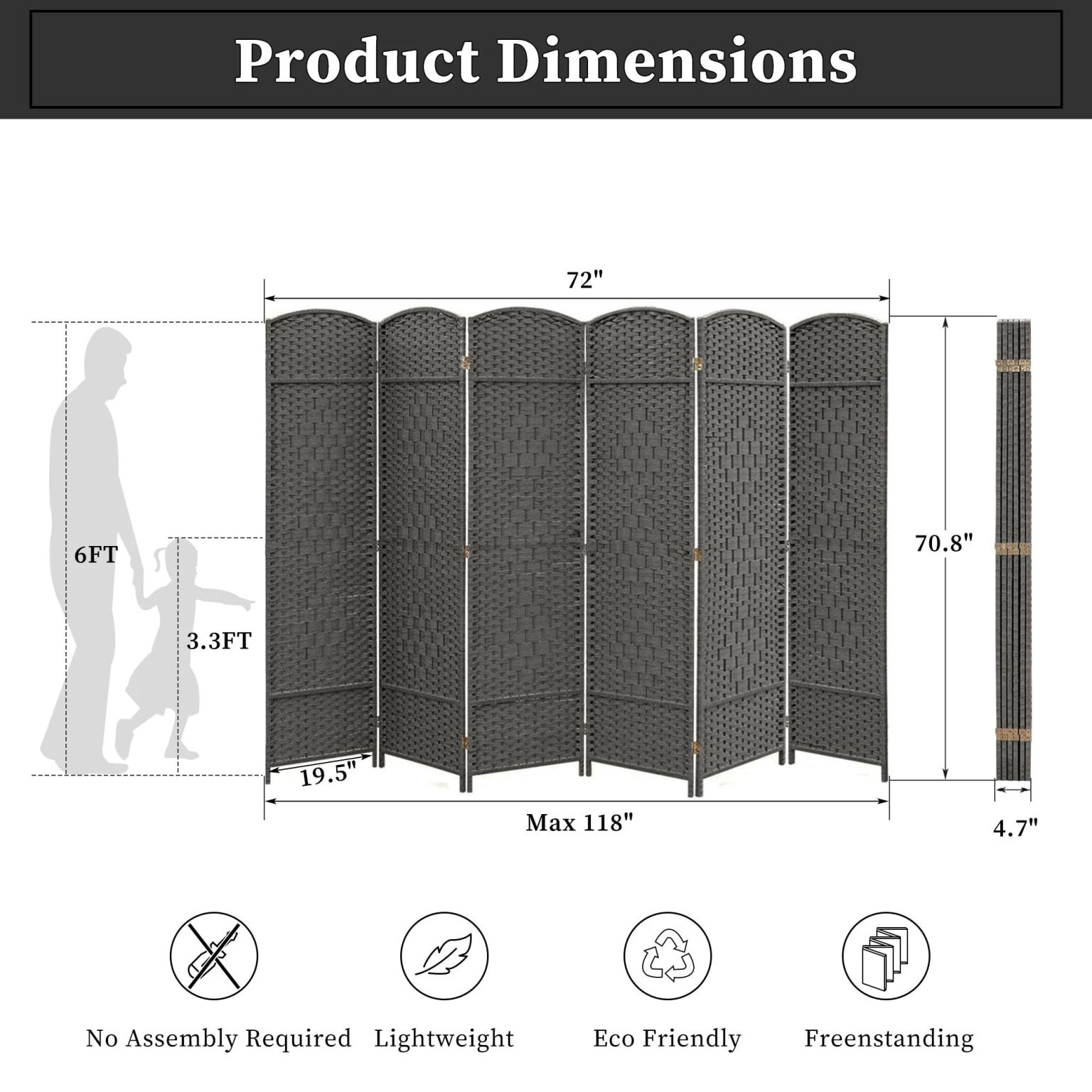 ZenVora 6 FT Tall Woven Fiber Room Divider, Freestanding Folding Privacy Screen