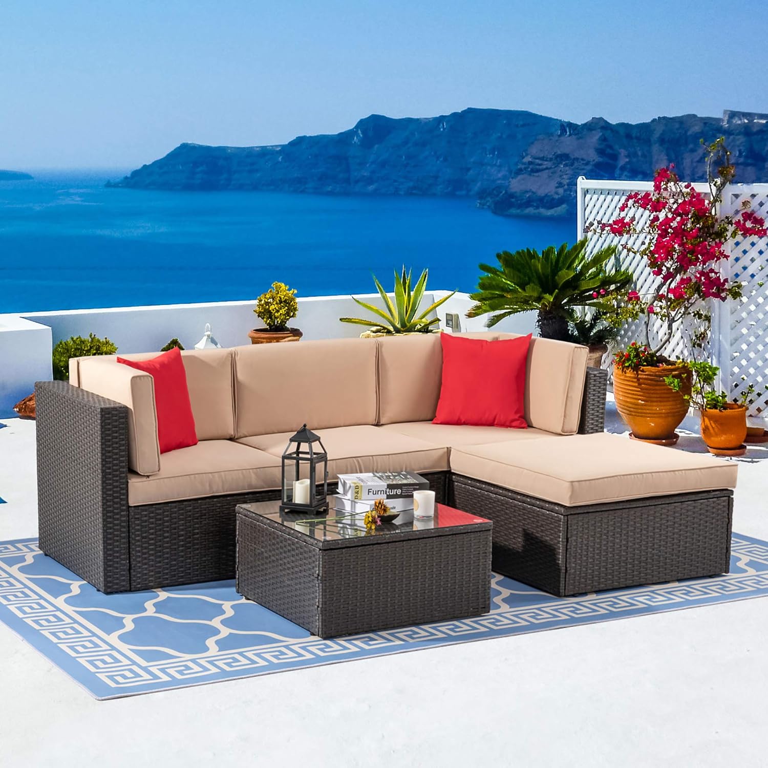 ZenVora 5-Piece All-Weather Patio Furniture Set with Ottoman, Outdoor Wicker Conversation Sofa Set with Cushions for Garden, Deck & Backyard