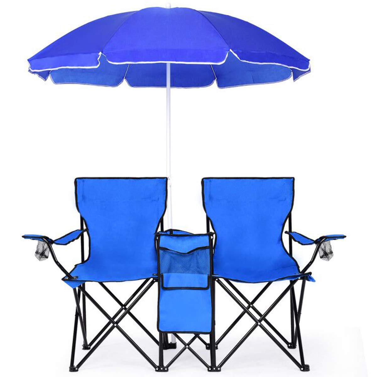 ZenVora Double Folding Picnic Chairs with Umbrella – Mini Table & Beverage Holder Included