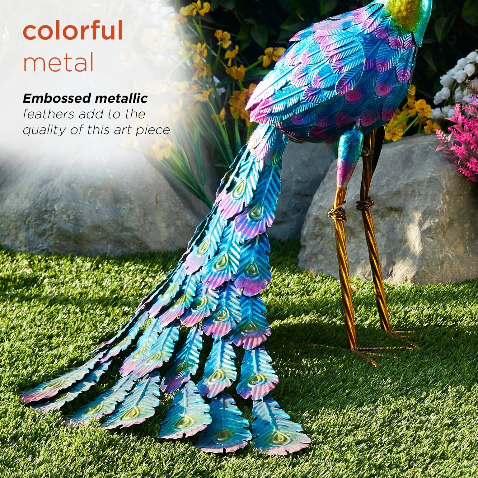 ZenVora Tall Metallic Peacock Garden Statue, Multicolor Outdoor Standing Bird Sculpture for Yard, Patio and Garden Decoration