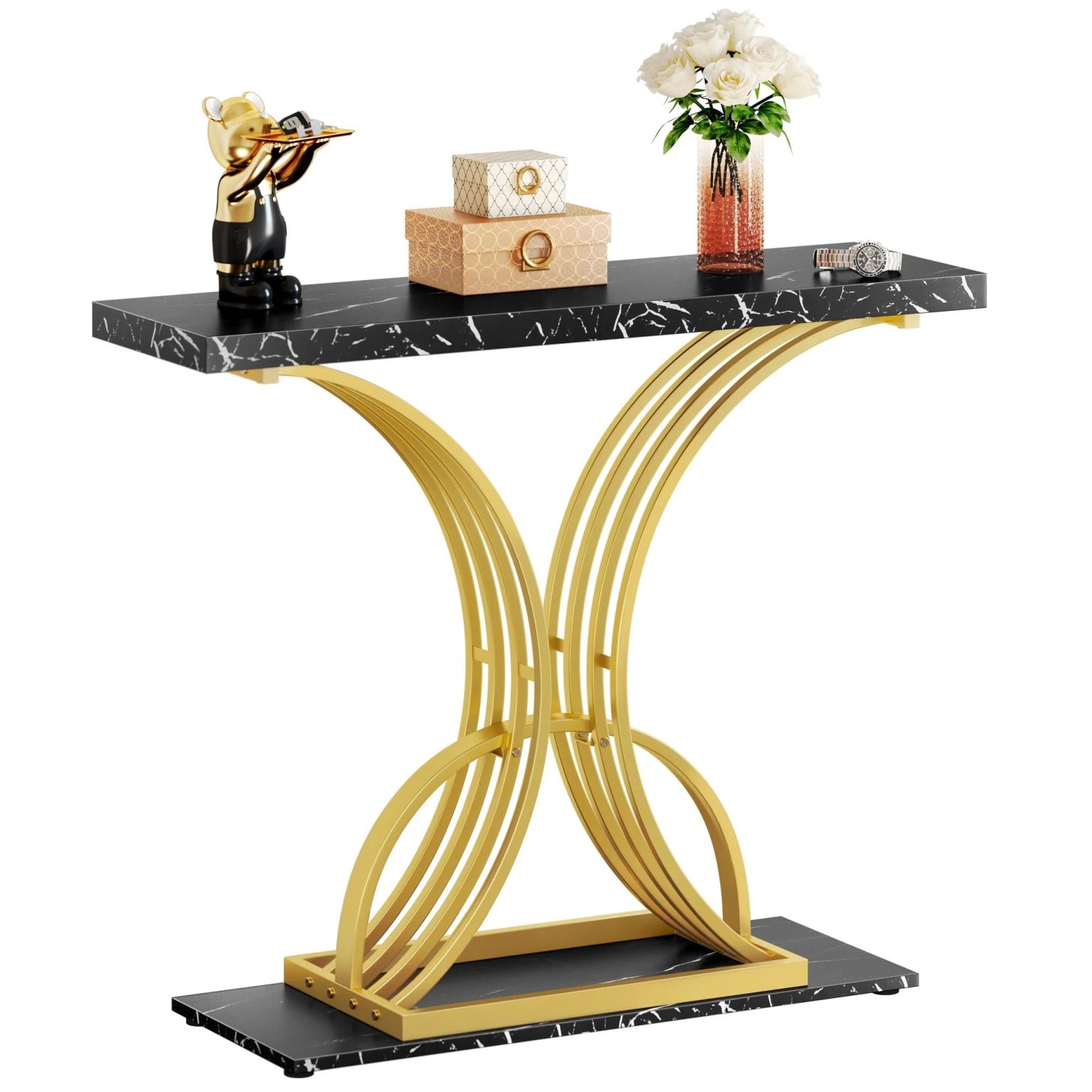 ZenVora Modern Gold Console Table with Marbled Top, Sofa Table for Entryway and Hallway