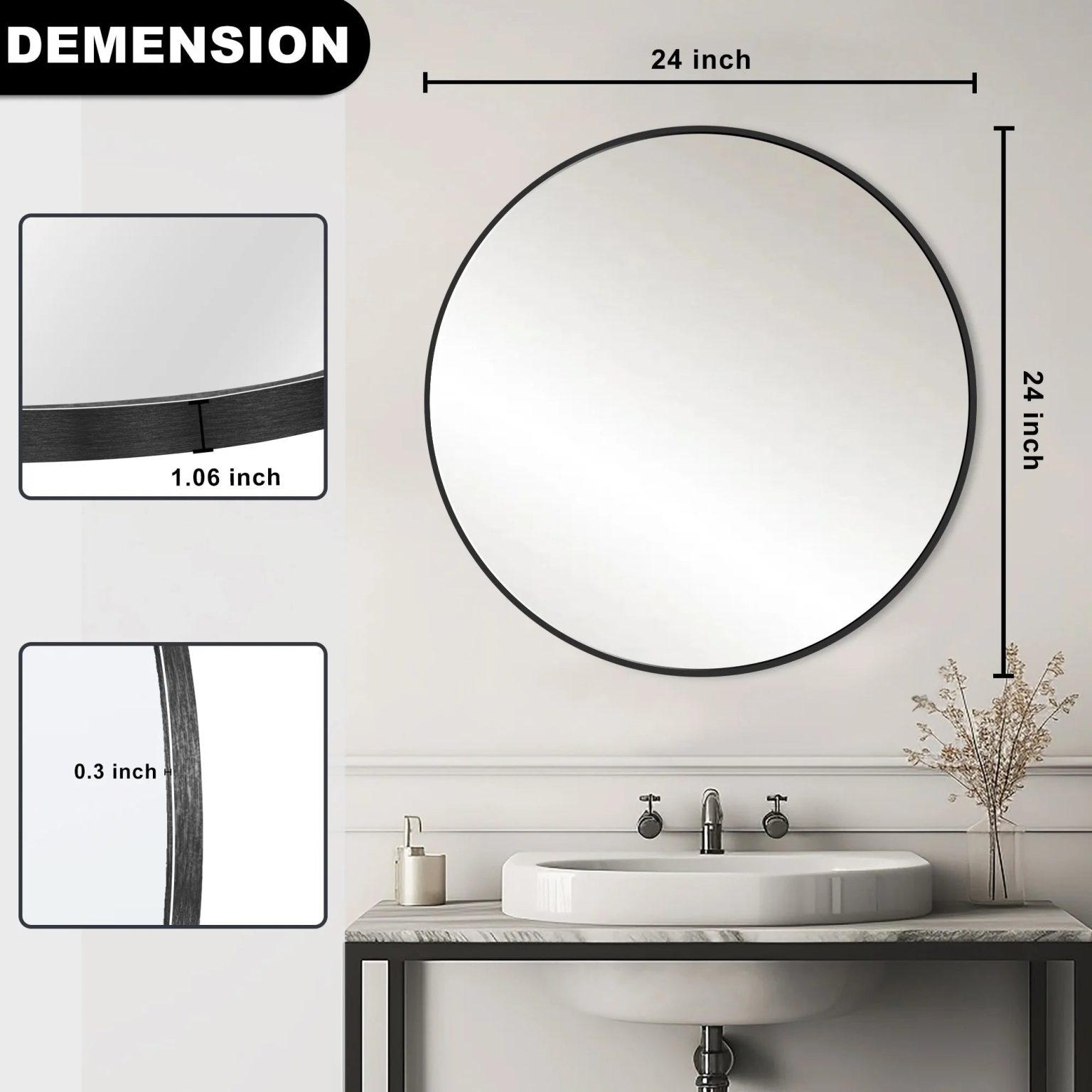 ZenVora Modern Round Bathroom Vanity Mirror, Wall Mounted Circular Mirror for Bathroom, Bedroom and Home Decor