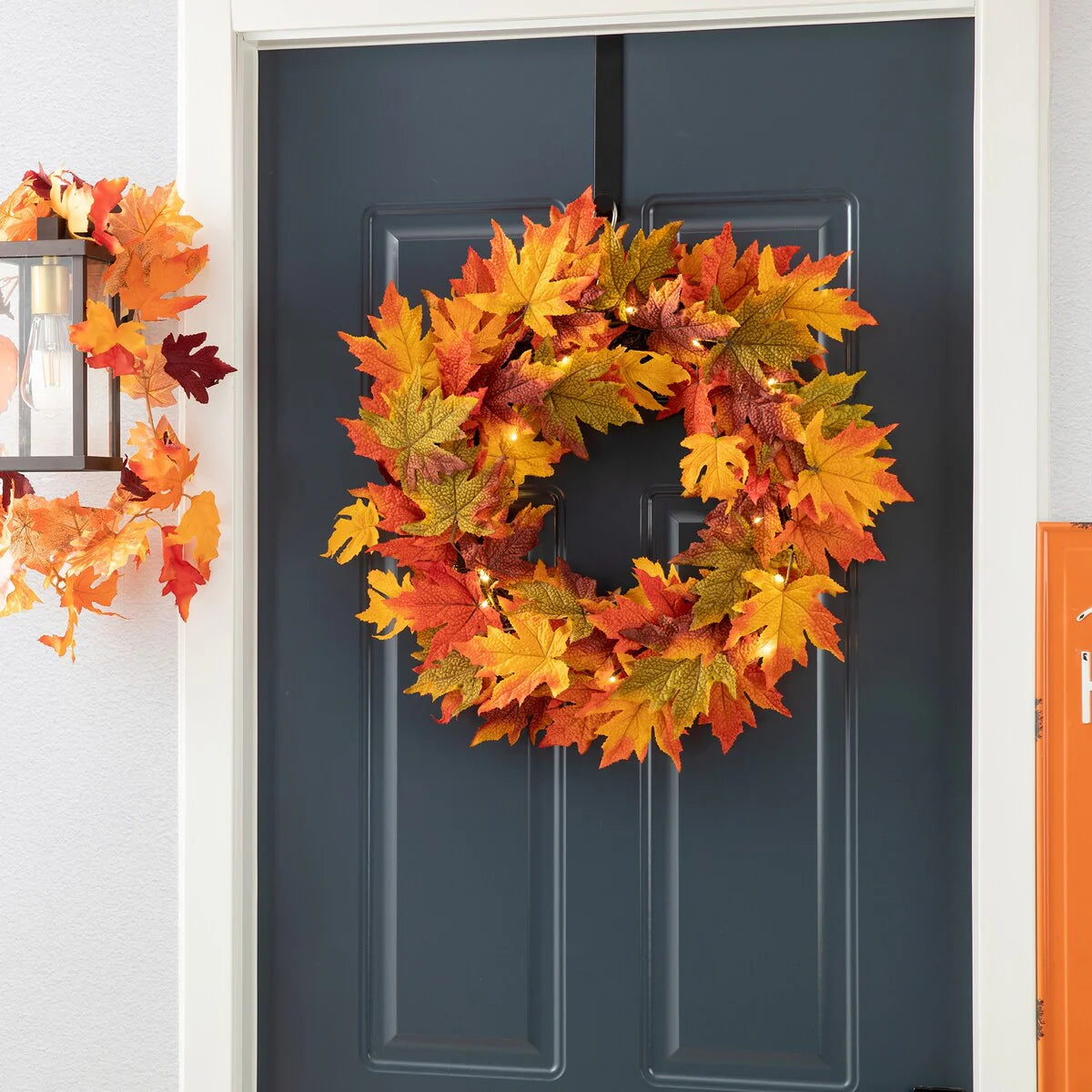 ZenVora Thanksgiving LED Lighted Fall Maple Leaf Wreath and Garland - Autumn Home Decor