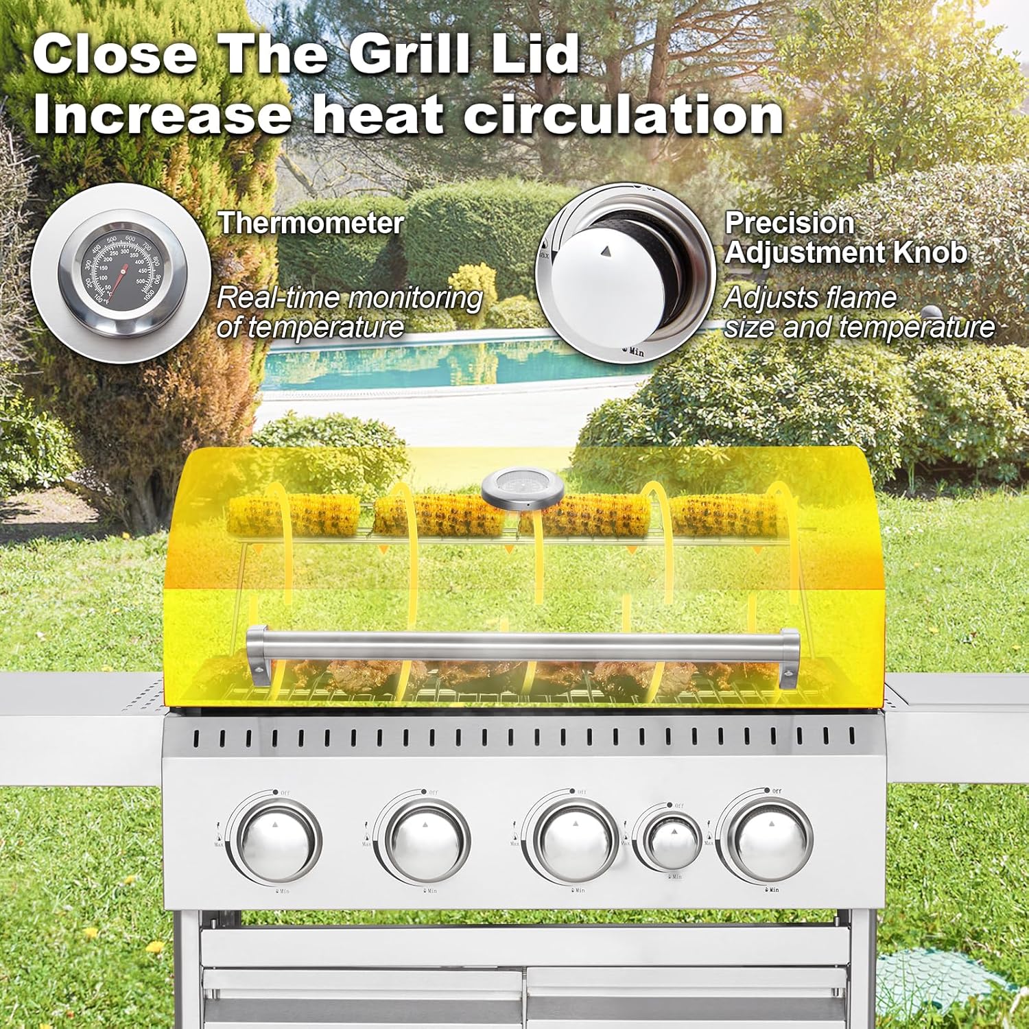 ZenVora 4-Burner Propane Gas Grill with Cast Iron Grates, Side Stove and 44,000 BTU Stainless Steel Burners
