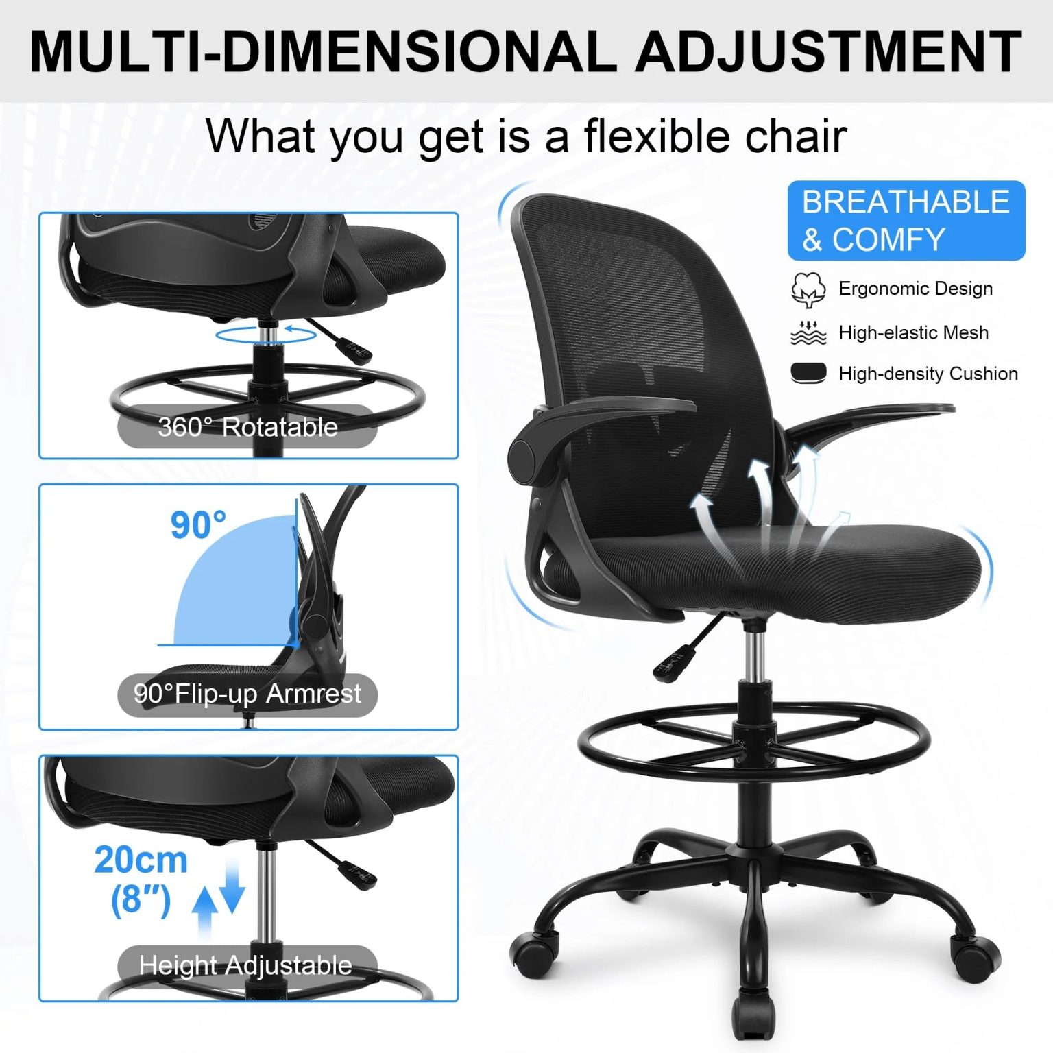 ZenVora Ergonomic Drafting Chair - Tall Office Chair with Lumbar Support and Adjustable Height