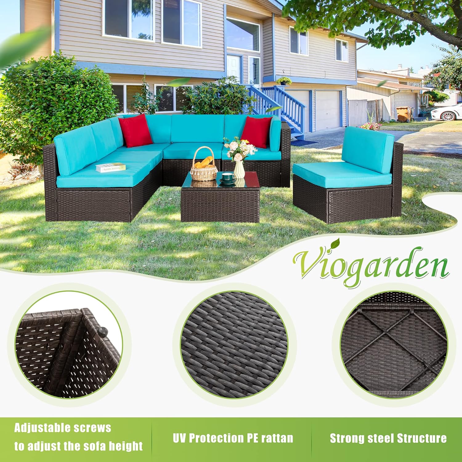 ZenVora 5-Piece All-Weather Patio Furniture Set with Ottoman, Outdoor Wicker Conversation Sofa Set with Cushions for Garden, Deck & Backyard