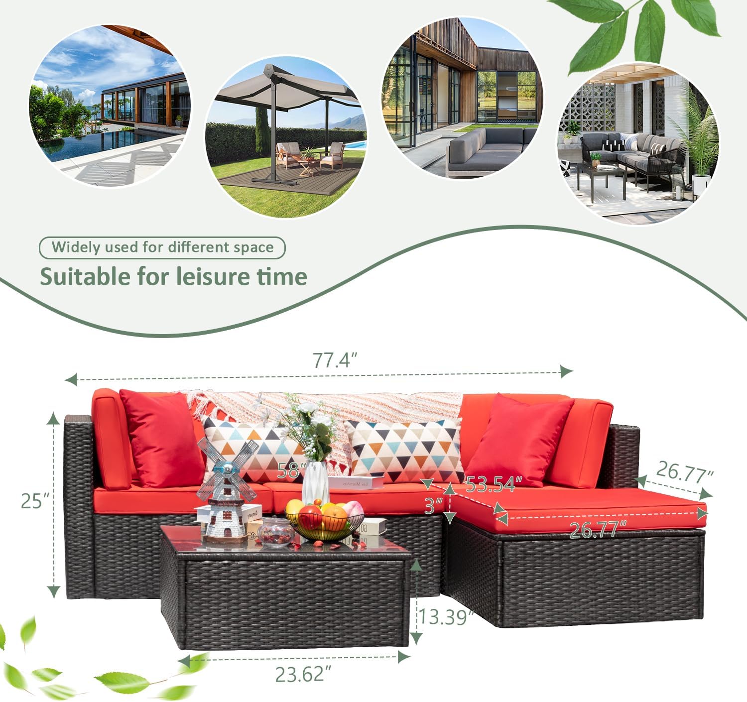 ZenVora 5-Piece All-Weather Patio Furniture Set with Cushions, Outdoor Wicker Conversation Sofa Set for Garden, Deck & Backyard