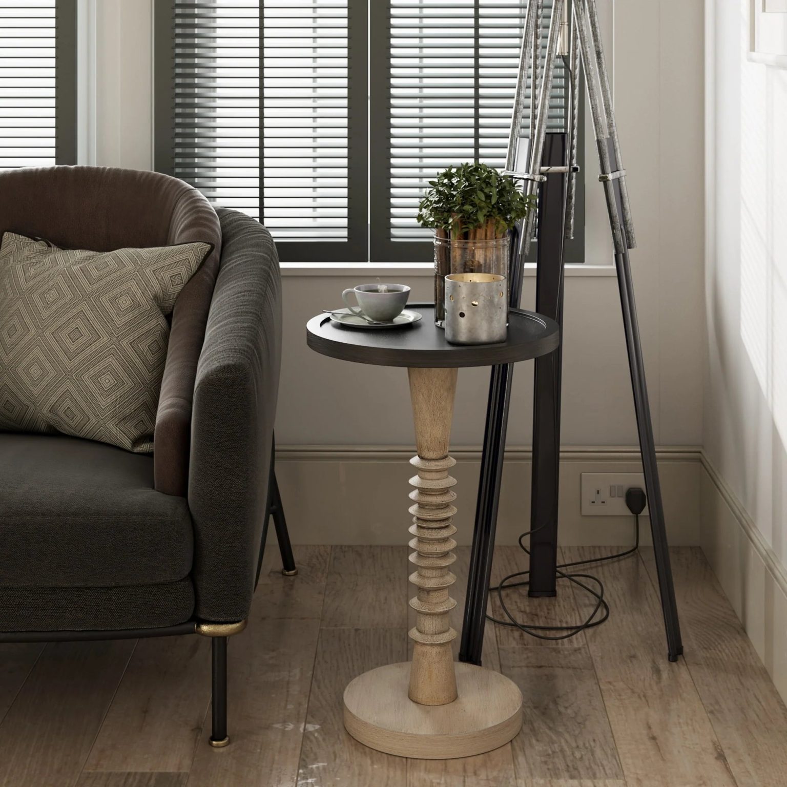 ZenVora Small Pedestal End Table with Tray Top, Farmhouse Distressed Finish Accent Table