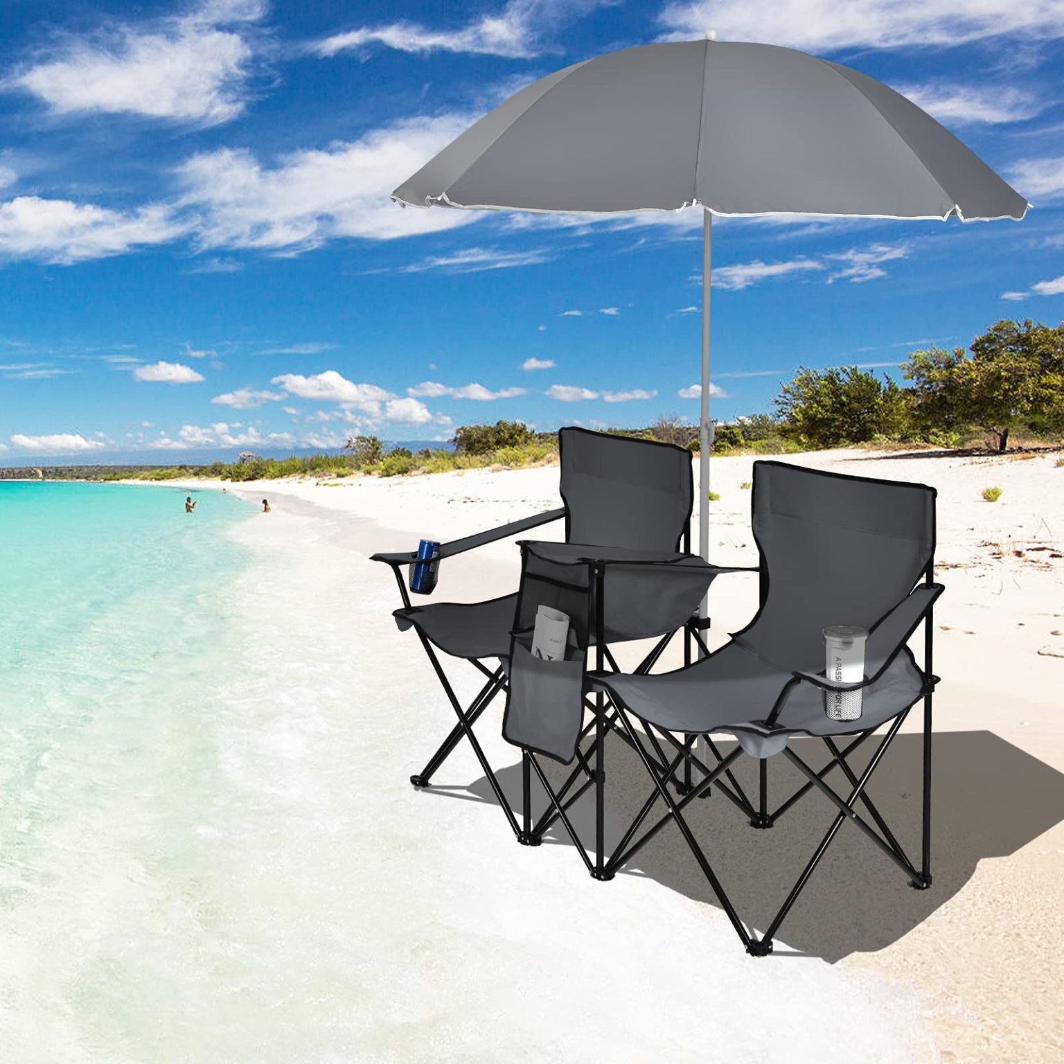 ZenVora Double Folding Picnic Chairs with Umbrella – Mini Table & Beverage Holder Included