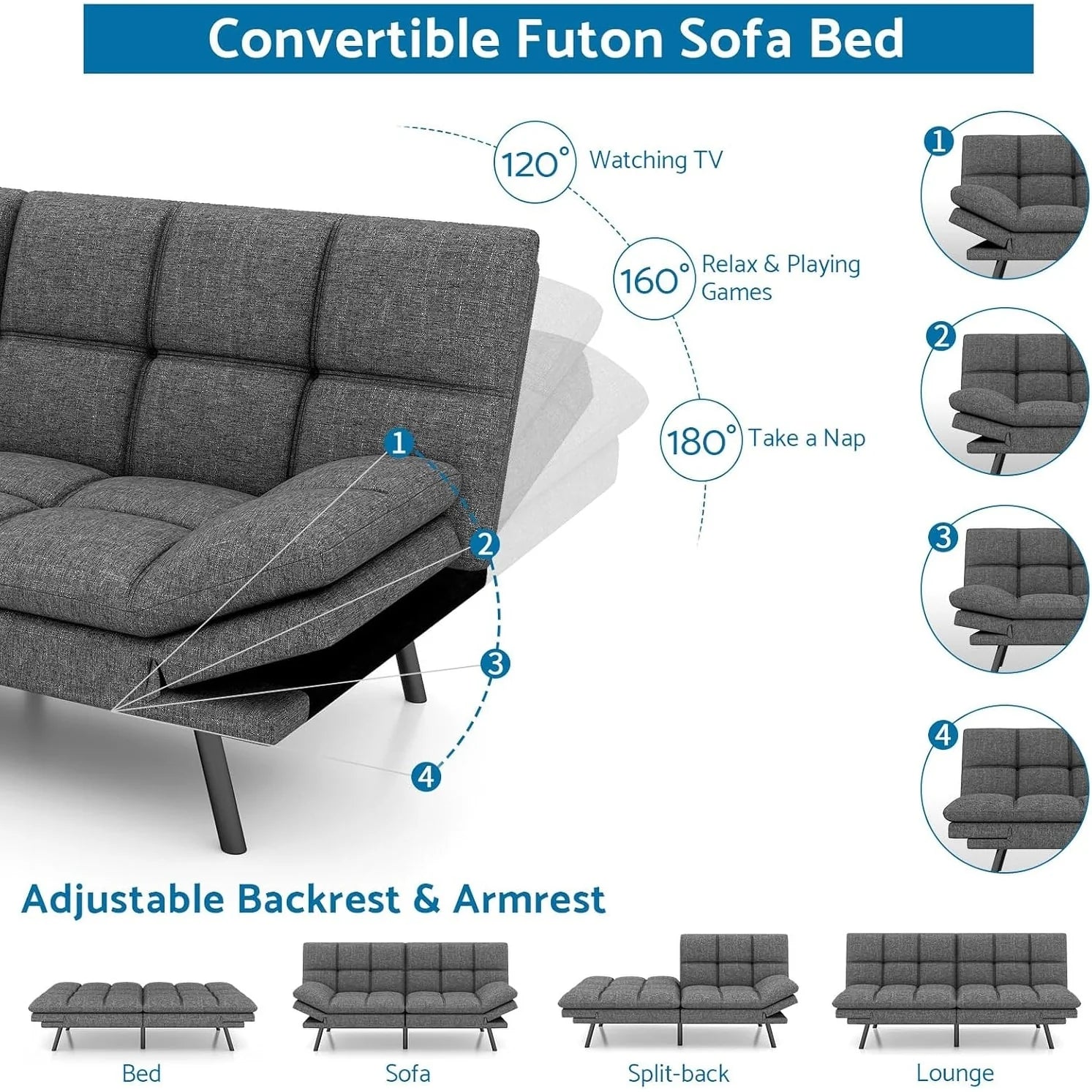 ZenVora Convertible Futon Sofa Bed with Memory Foam, Foldable Loveseat Sleeper with Adjustable Armrests