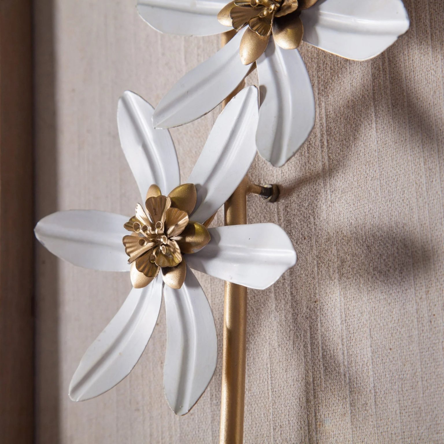 ZenVora Set of 2 White and Gold Metal Flower Wall Decor with Wood Frames, Decorative Floral Wall Art