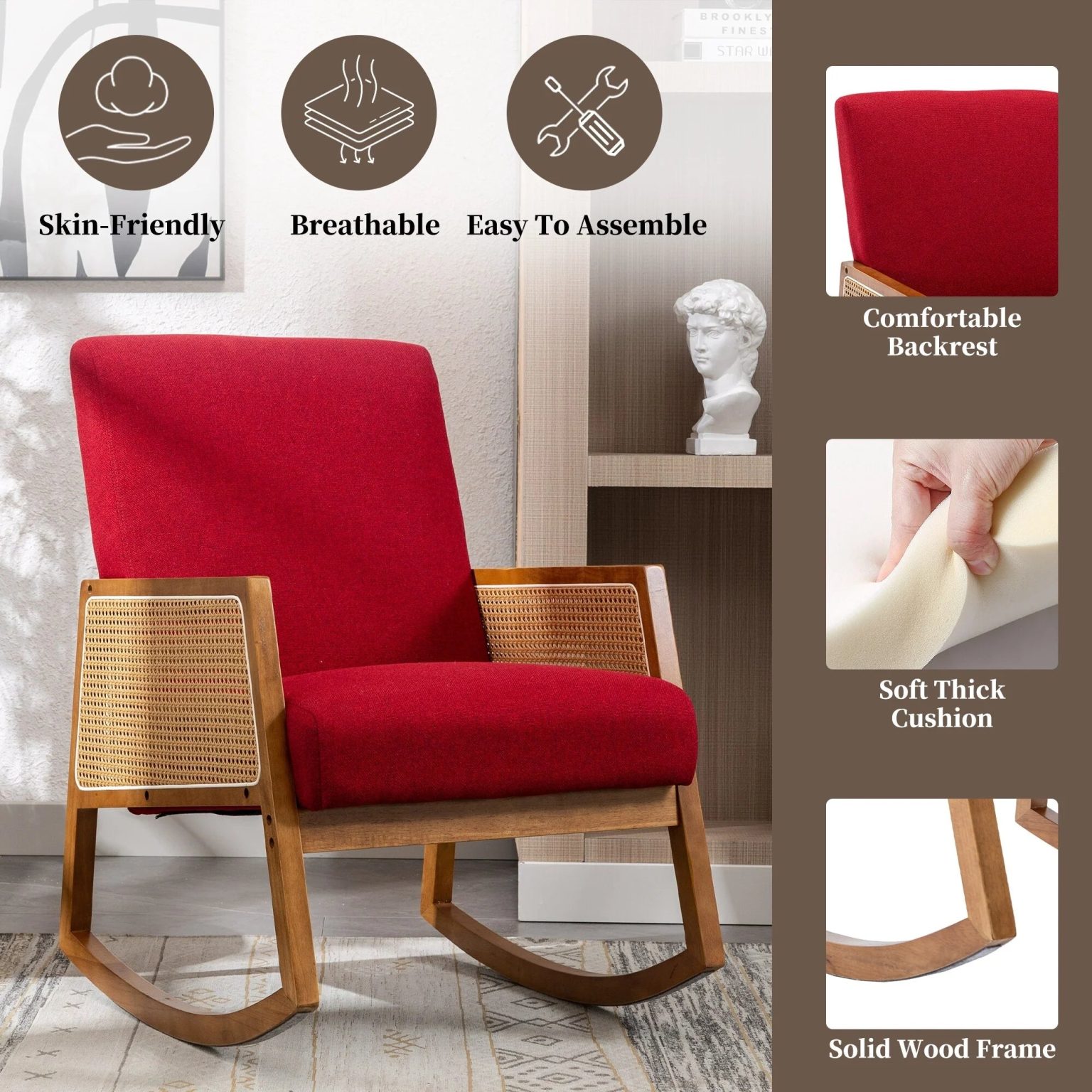 ZenVora Upholstered Tall Back Rocking Chair, Smooth Gliding Accent Armchair for Comfortable Living Room Seating