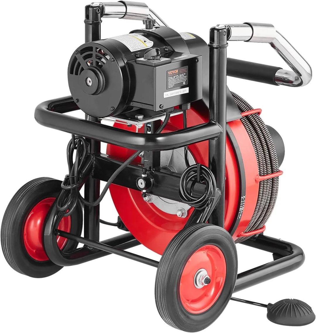 ZenVora 550W Drain Cleaning Machine, 100-Ft. x 1/2-Inch Sewer Snake Auger with 8 Cutters, Wheels and Foot Switch, for 2-4-Inch Pipes