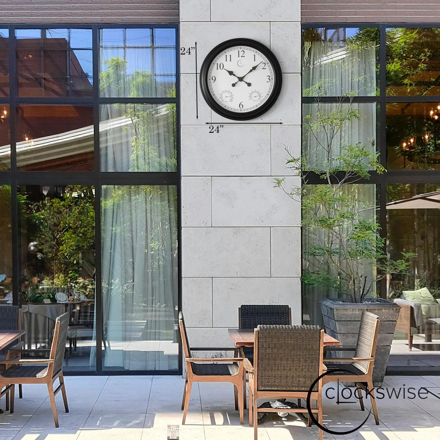 Large Outdoor Wall Clock with Thermometer, Waterproof Silent Garden Weather Station, Black