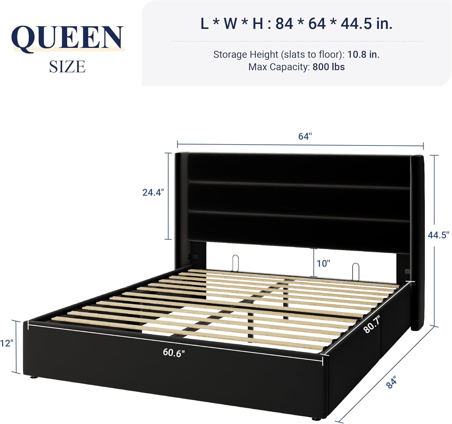 ZenVora Queen Size Lift Up Storage Bed with Wingback Headboard, Upholstered Platform Bed Frame with Hidden Storage