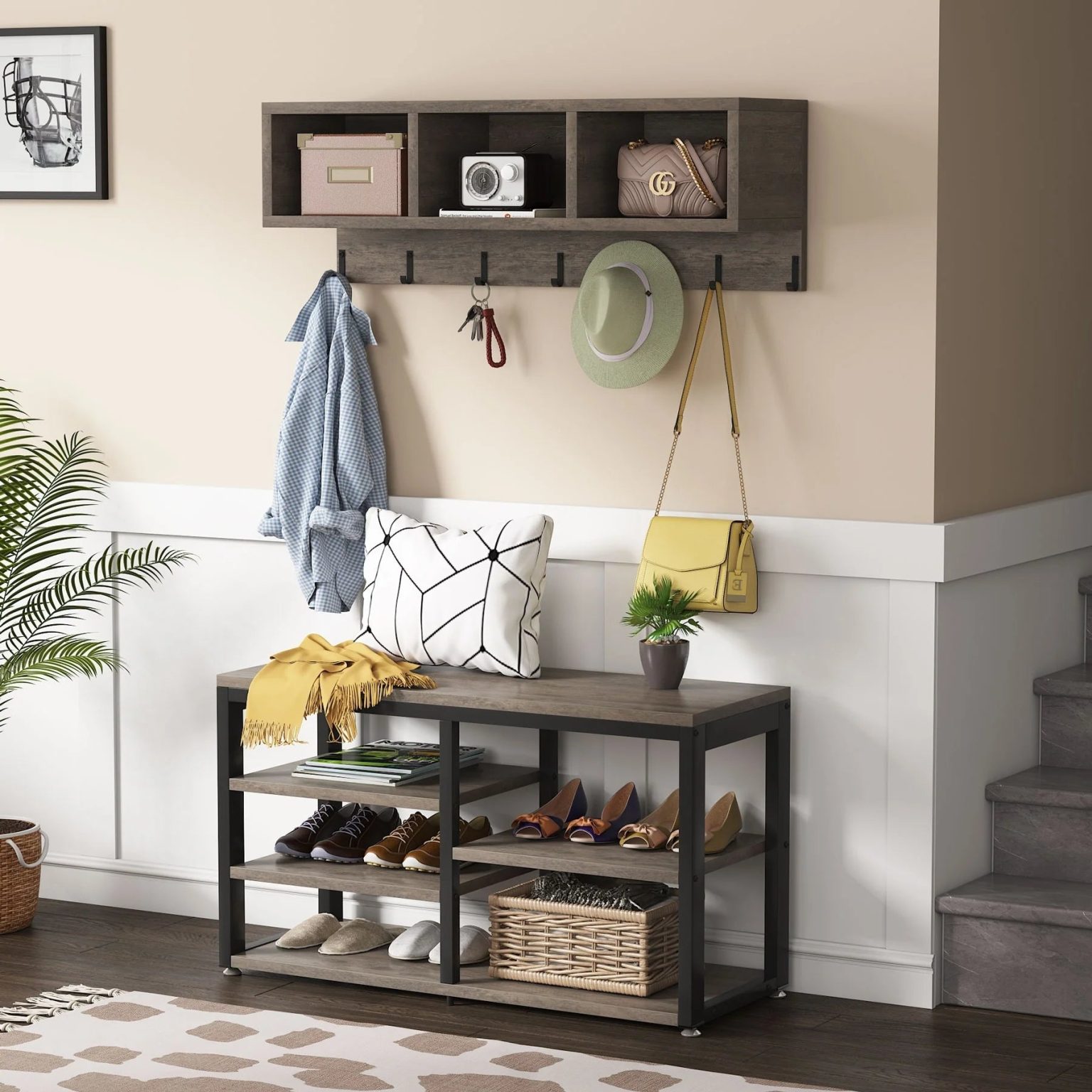ZenVora Entryway Coat Rack and Shoe Bench Set, Industrial Hall Tree with Coat and Shoe Storage