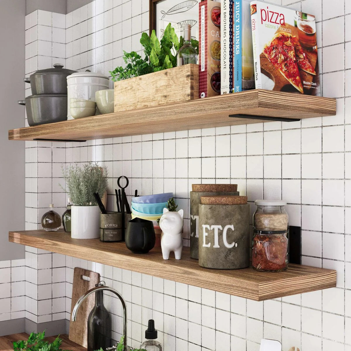 ZenVora 60 Inch Rustic Floating Wall Shelves, 2 Piece Burnt Wood Display and Storage Shelves