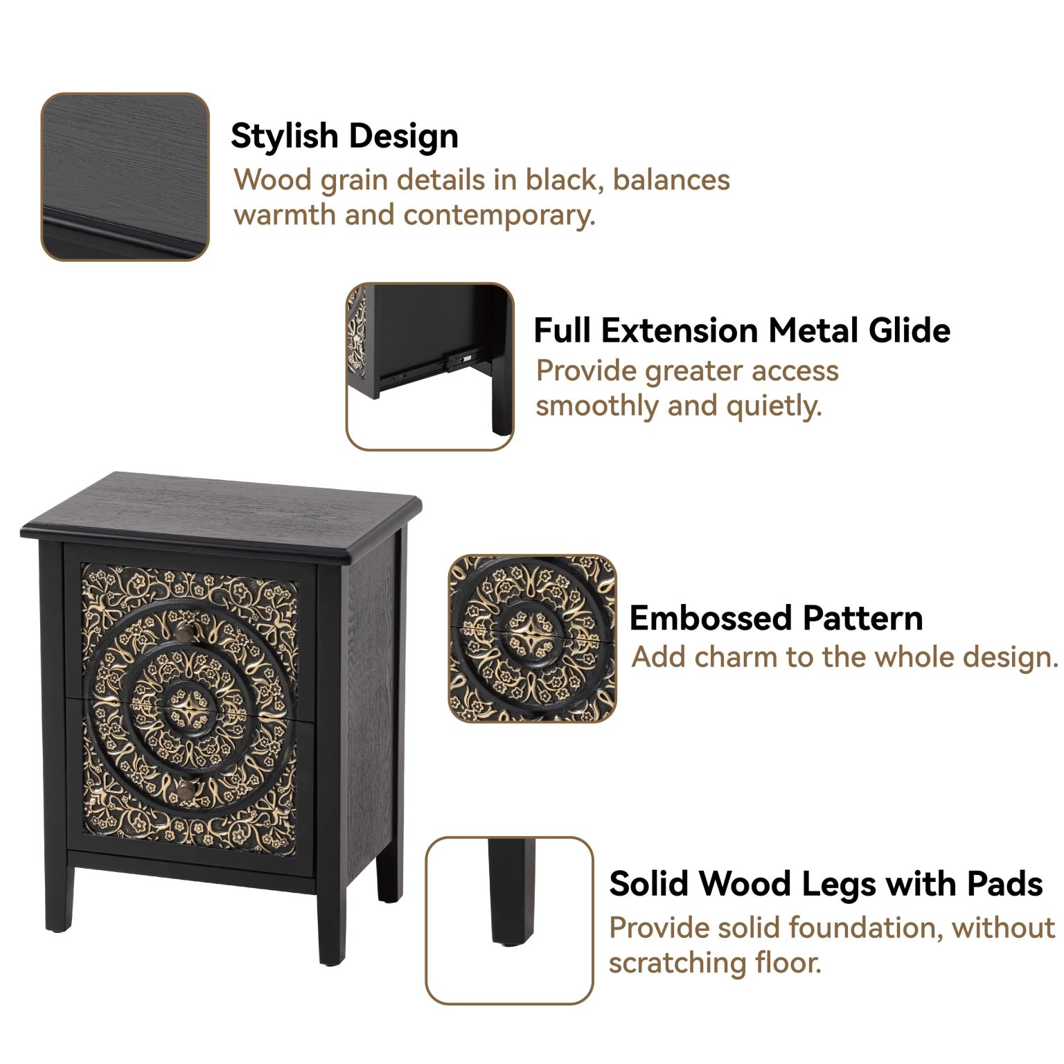 Farmhouse Fully Assembled Nightstand with 2 Drawers, Flower Motif End Table for Small Spaces