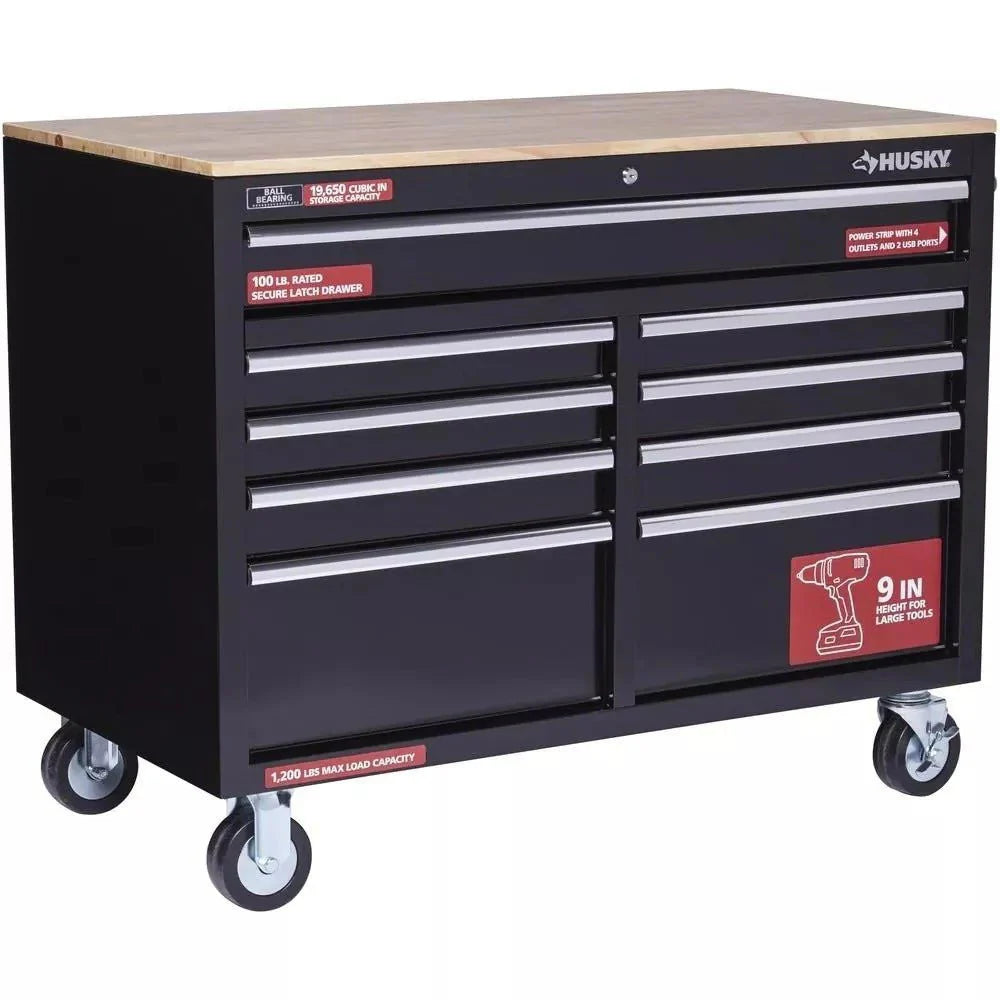 ZenVora 46-Inch W x 24-Inch D 9-Drawer Deep Tool Chest Mobile Workbench, Gloss Black