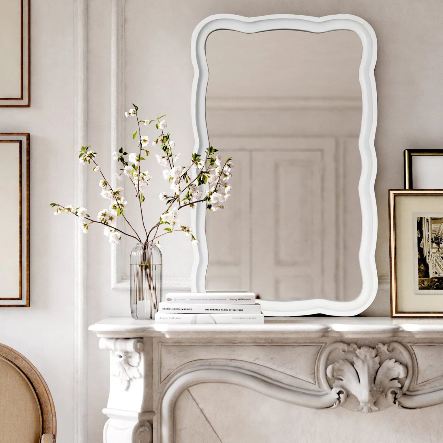 ZenVora Curved Scallop Wood Frame Accent Mirror, Modern Decorative Wall Mirror for Living Room, Bedroom and Entryway