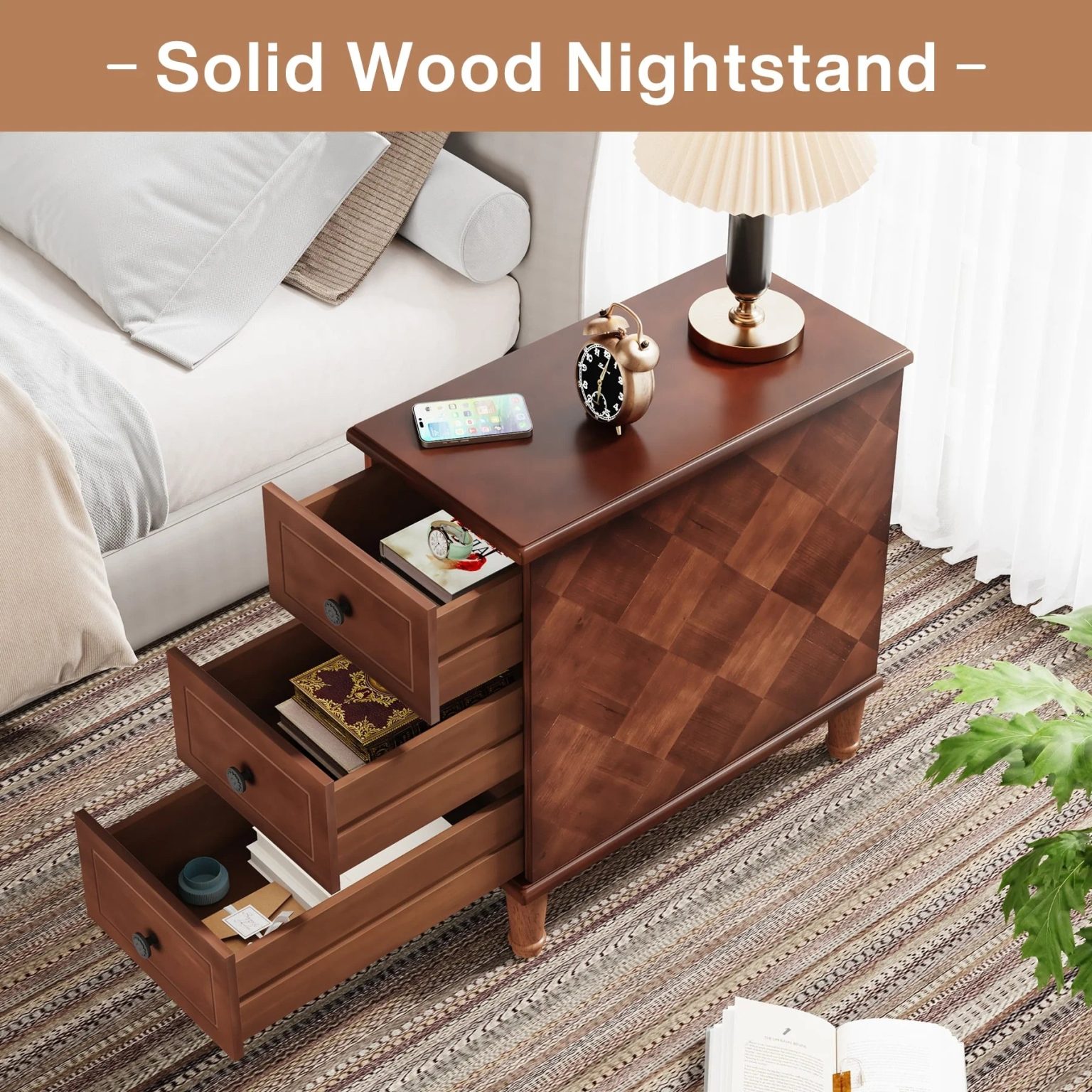 ZenVora Fully Assembled Narrow End Table, Solid Wood Side Table with 3 Drawers, Vintage Nightstand for Small Spaces