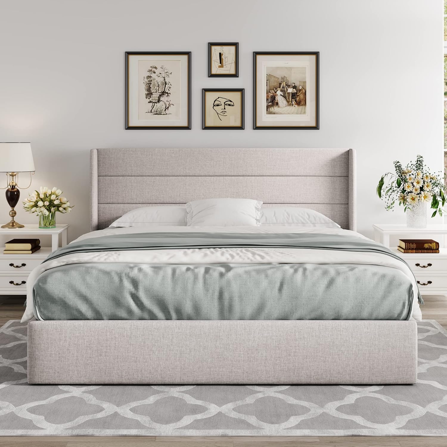 ZenVora Queen Size Lift Up Storage Bed with Wingback Headboard, Upholstered Platform Bed Frame with Hidden Storage